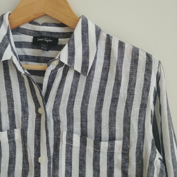 Lord + Taylor 100% linen striped button down shirt white blue grey Small - Picture 9 of 16